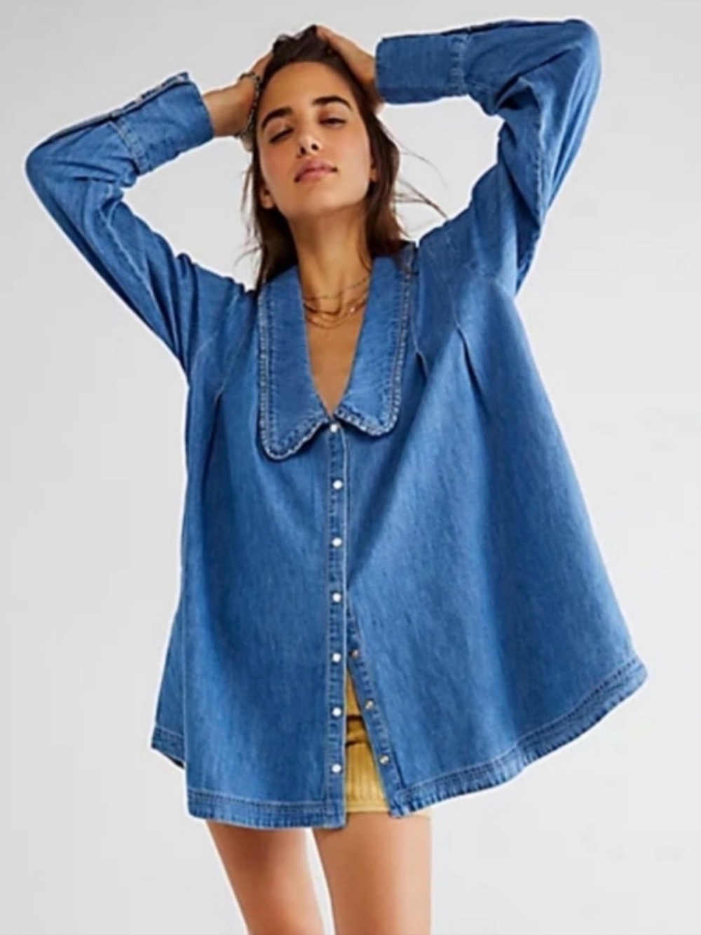 Free People Charlie Denim Top Oversized Snap Front Size M Chambray Cotton